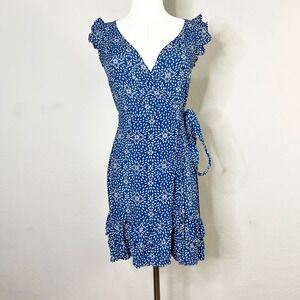 PALOMABLUE Wrap Dress‎ Blue White Silk Starburst Print Ruffle Sleeve Mini XS
